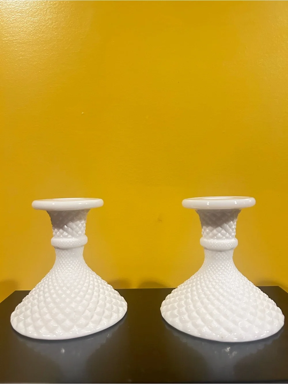 Vintage Westmooreland Milk Glass Diamond Hobnail Candlestick Holder Set